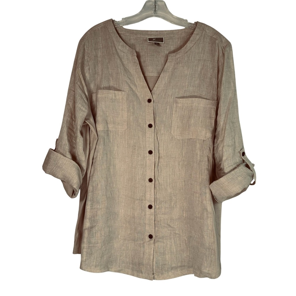 JM Collection Womens 16 Beige Linen Cotton Mixed Media Roll Tab Button Up Top